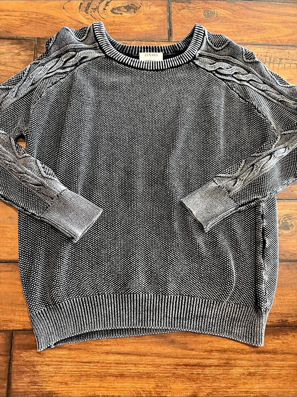 Zenana NWOT Faded Black Crew Neck Sweatshirt with a Cable Knot Look on the Sleev